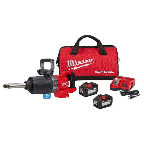 Red and black high torque cordless impact wrench kit with extended anvil, batteries, charger, and soft carrying bag for home improvement tasks
