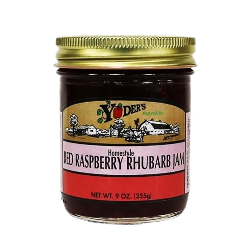 Glass jar of red raspberry rhubarb jam with gold lid from Hartville Jams, Jellies, Preserves, and Fruit Butters collection under $50