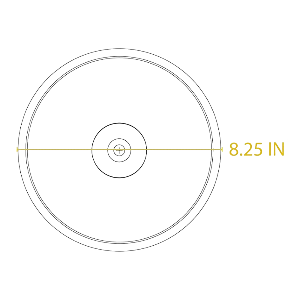 Top view line drawing of an 8.25-inch round tempered glass lid with black knob for kitchenware under $50 collection