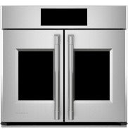 Monogram 30-inch stainless steel French-door single wall oven with dual vertical handles and digital display, featured in Single Wall Ovens, Wall Ovens, and Kitchen & Kitchenware collections.