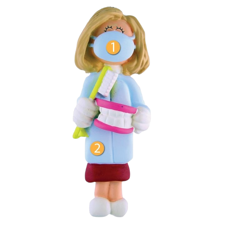 Blonde female dental hygienist figurine ornament holding oversized toothbrush and teeth for Christmas décor under $50