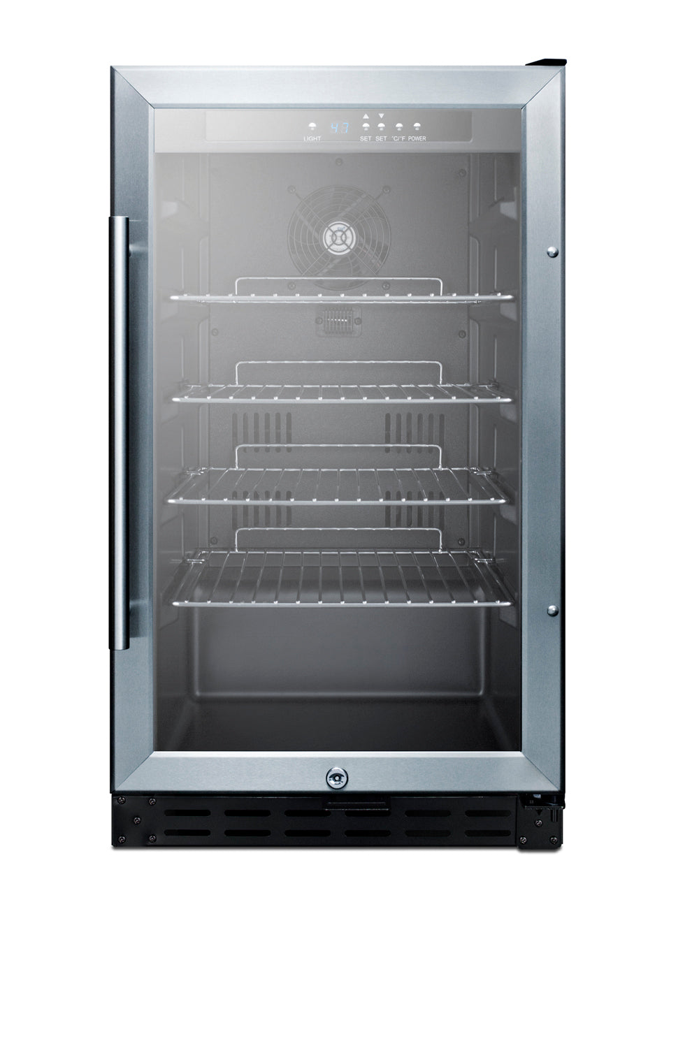 Built-in 18-inch beverage cooler with glass door, stainless steel frame, and adjustable wire shelves from refrigerators collection