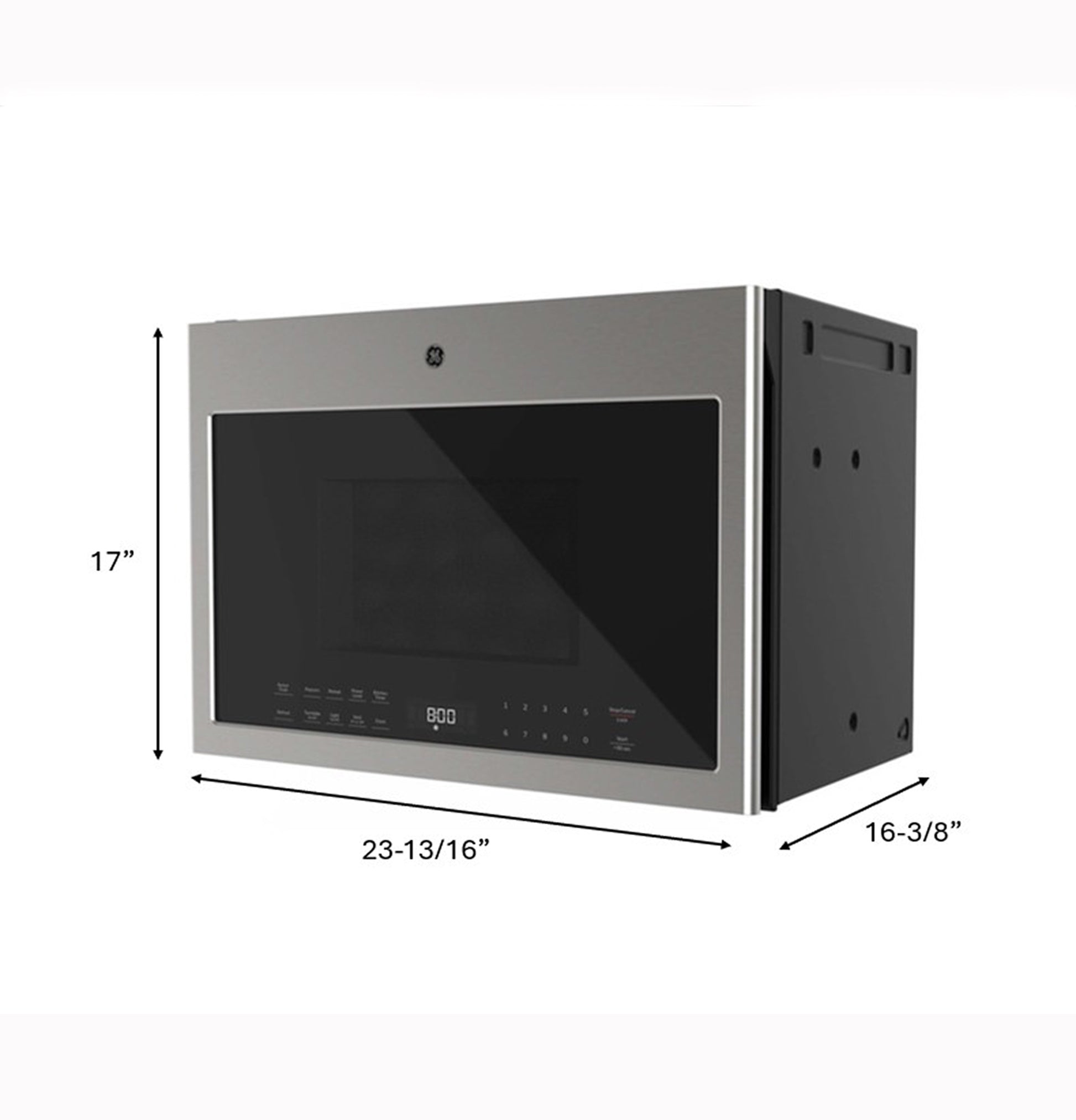 Stainless steel over-the-range microwave with digital touch controls and LED display in kitchen appliance collection