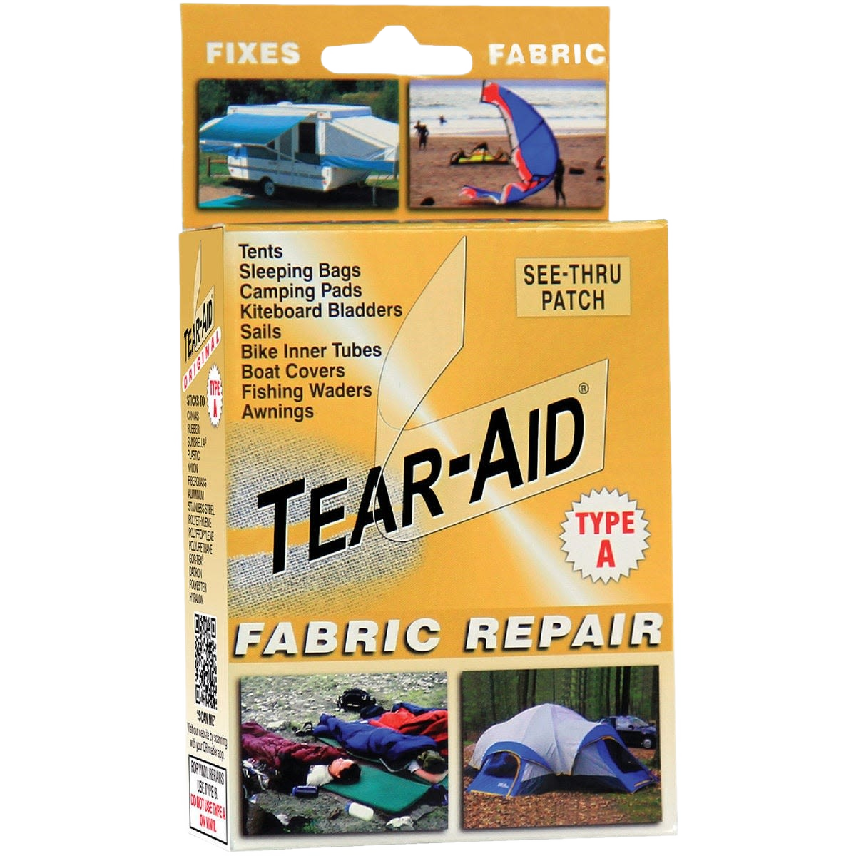 Yellow fabric repair kit packaging with Tear-Aid logo and images of tents, sails, and outdoor gear fixes in tapes collection