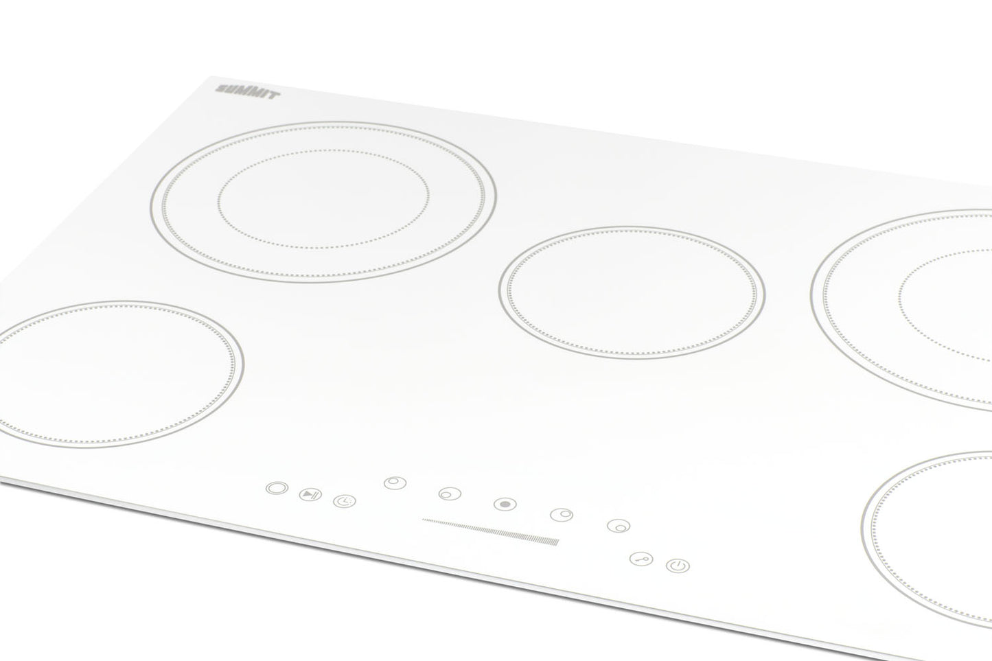 White 5-burner radiant cooktop with smooth glass surface and touch slider controls for kitchen and home improvement use