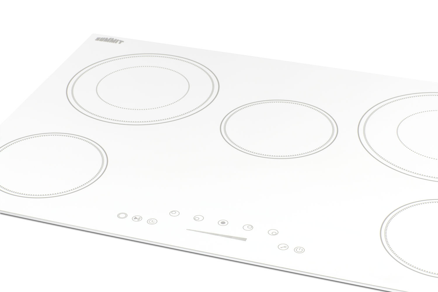 White 5-burner radiant cooktop with smooth glass surface and touch slider controls for kitchen and home improvement use