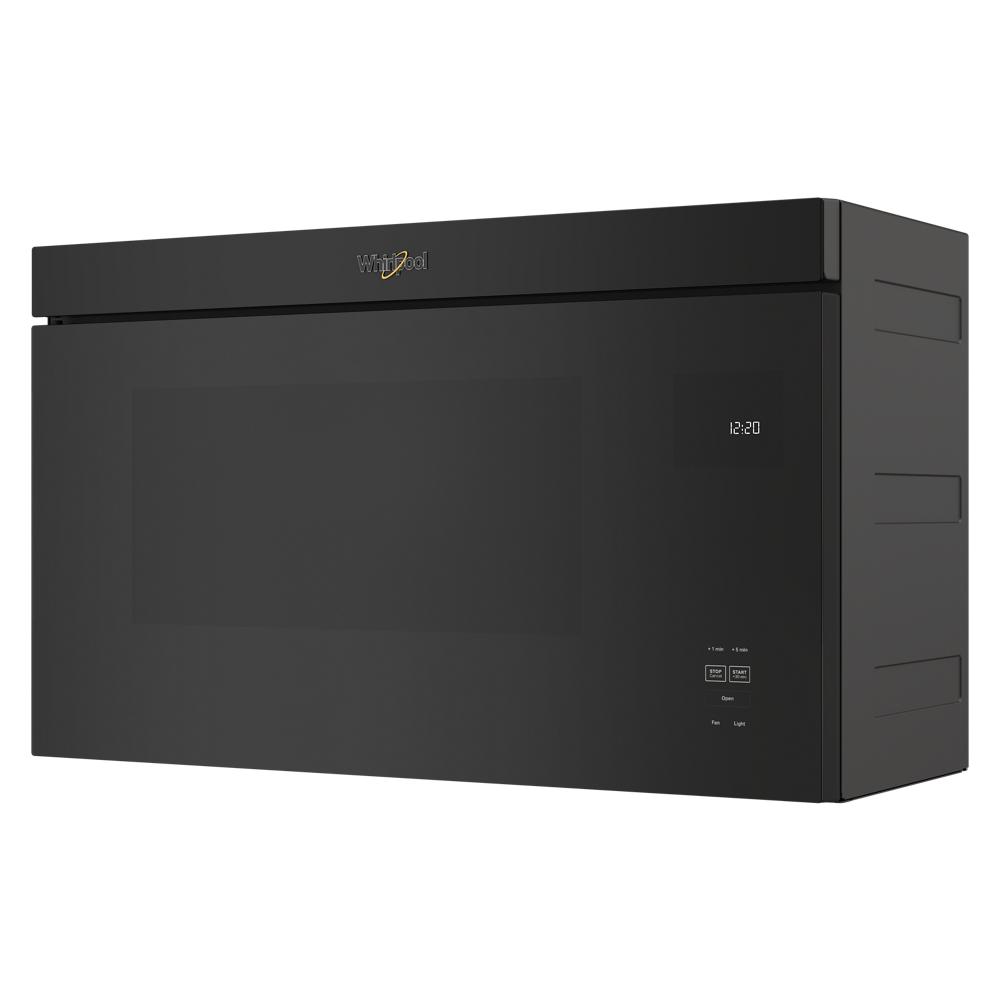 Black Whirlpool flush mount microwave with smooth front panel and digital clock in Microwaves at Hartville Hardware