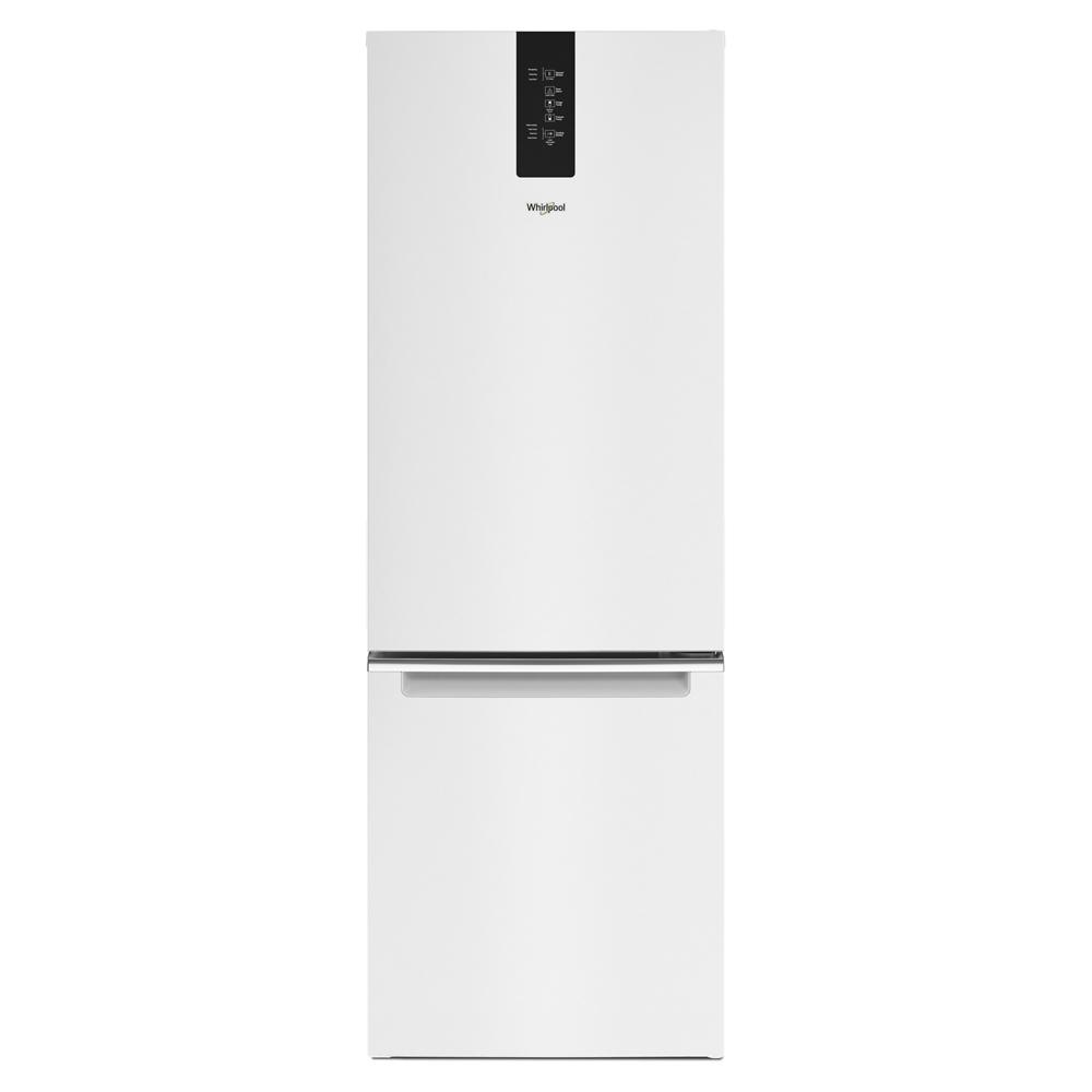 White bottom-freezer refrigerator with digital display and sleek handle from kitchen and appliances collection