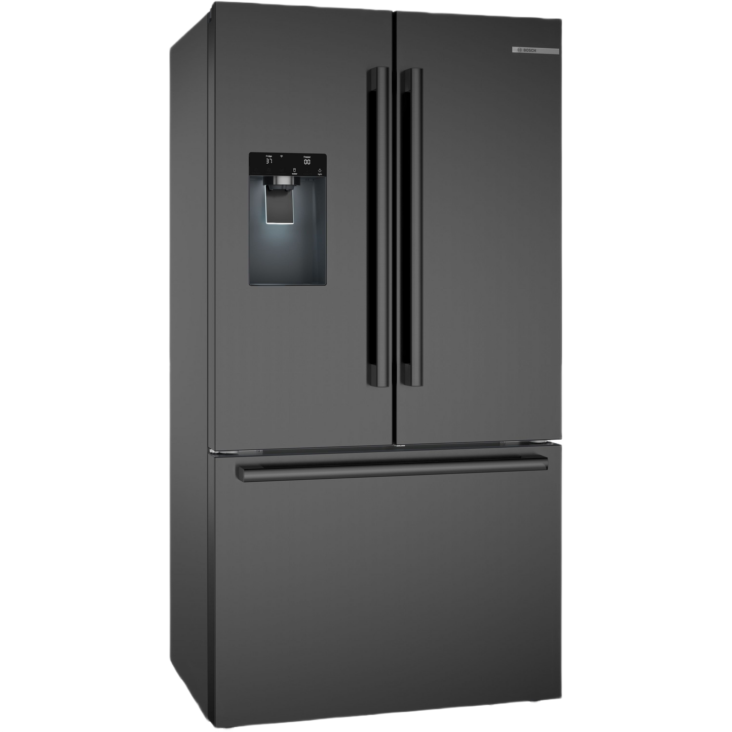 36-inch black stainless steel French door refrigerator with bottom freezer and external water dispenser in Bosch Appliances collection