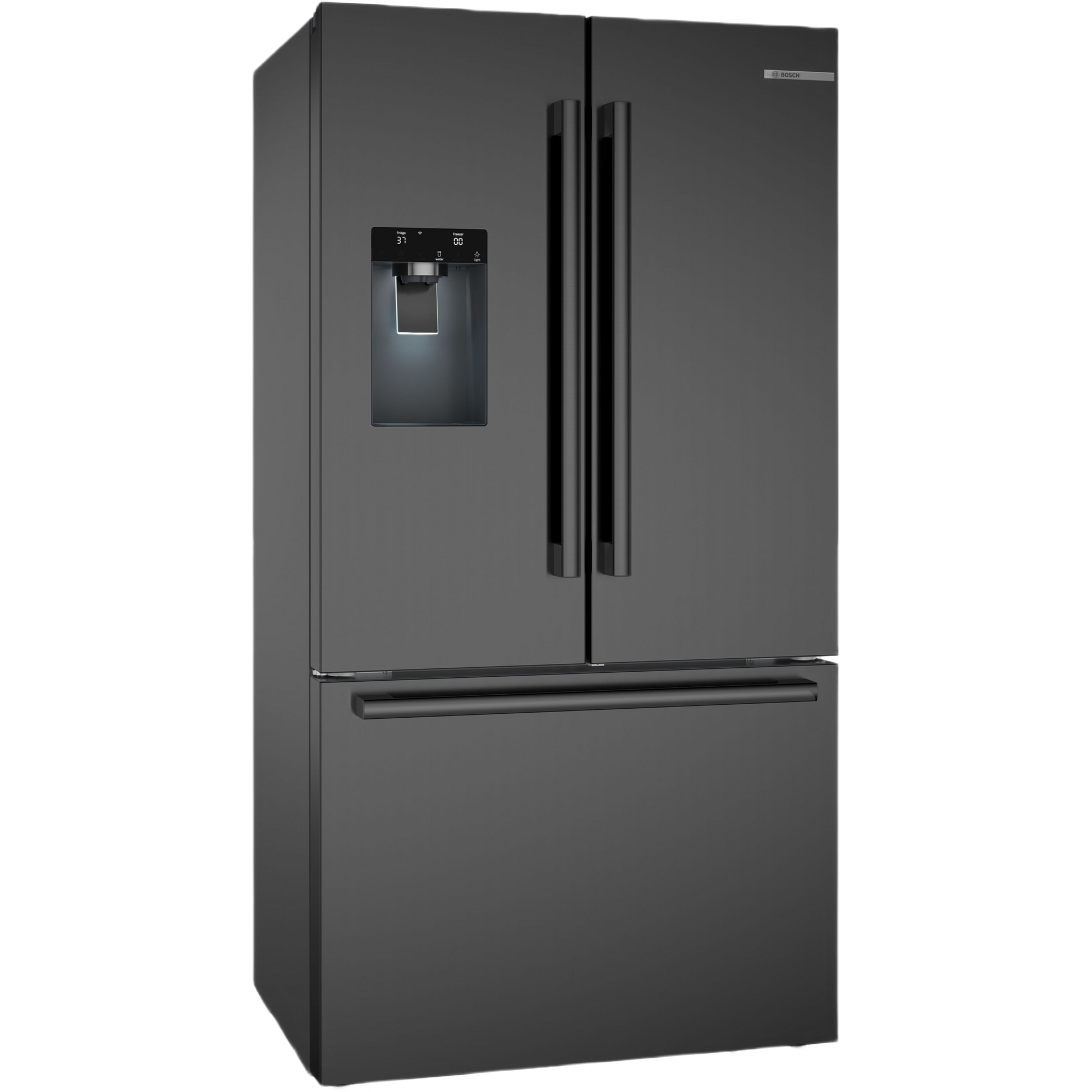 36-inch black stainless steel French door refrigerator with bottom freezer and external water dispenser in Bosch Appliances collection
