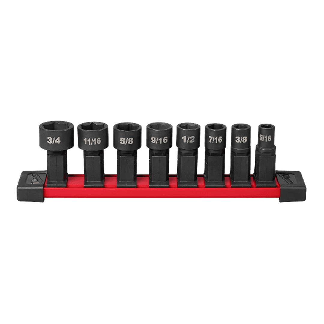 Set of eight low-profile black SAE sockets with size markings on a red organizer rail for hand tools and home improvement projects