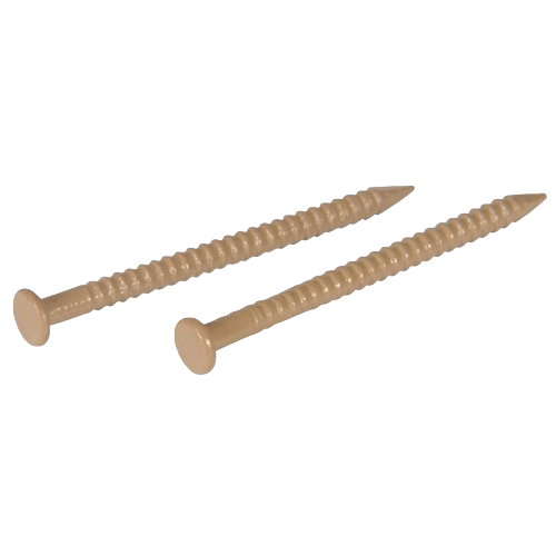 Two oak-colored panel nails with smooth heads designed for durable home improvement and woodworking tasks