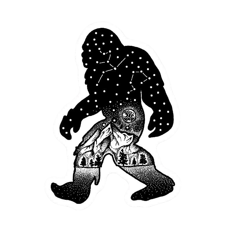 Black silhouette Sasquatch sticker featuring constellation patterns and forest landscape design elements inside the figure