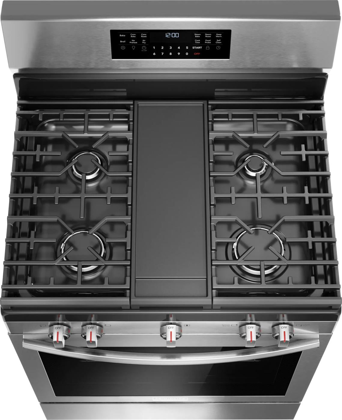 Top view of stainless steel rear control gas range with five burners and digital control panel from kitchen appliances collection