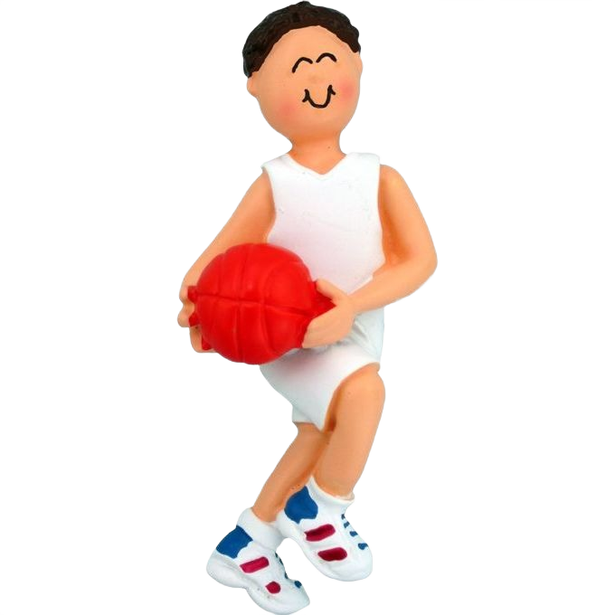 Brunette male basketball player figurine in white athletic uniform holding bright orange ball, Christmas decoration under $50