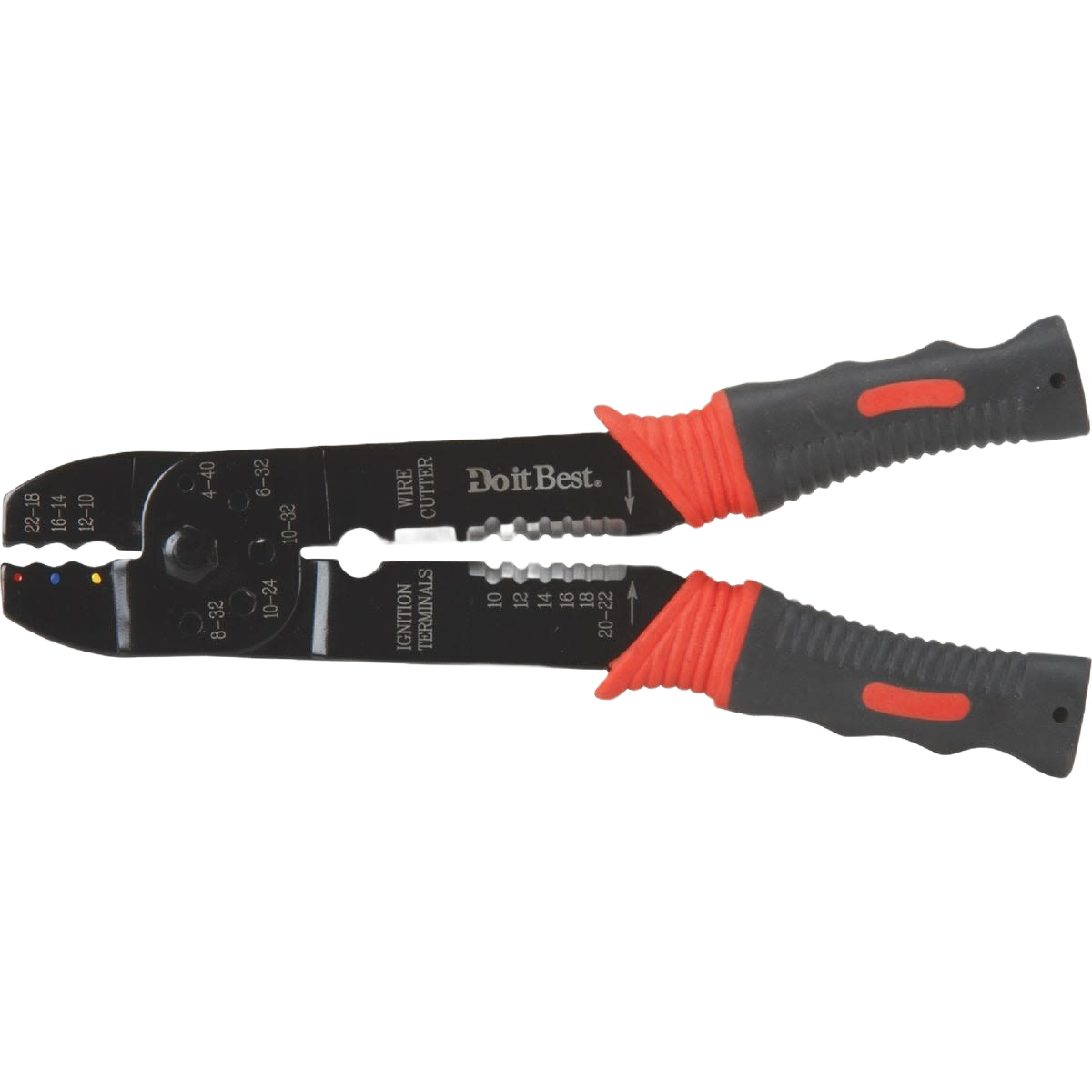 Black and red insulated coaxial crimper tool with ergonomic handles for home improvement and electrical work tasks