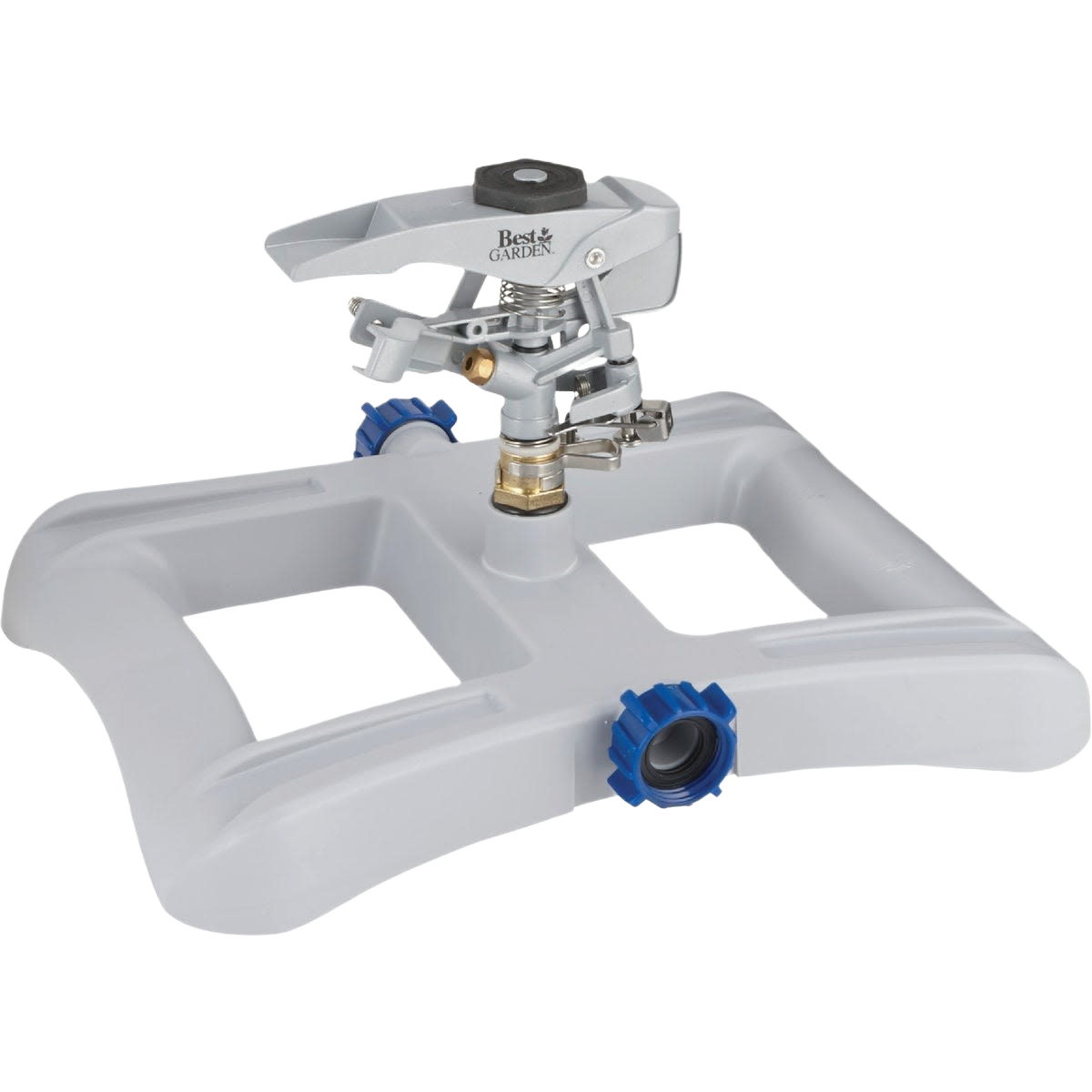 Heavy-duty metal impact sprinkler with durable poly sled base for stable lawn watering in irrigation and garden collections