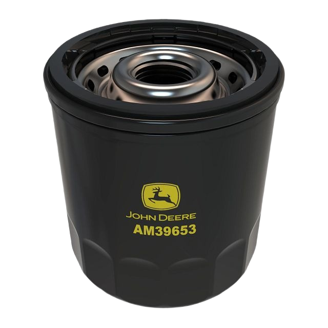 Black John Deere transaxle oil filter with metal threading for automotive maintenance and lubricant supplies collections