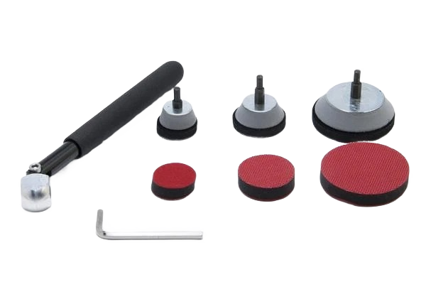 Set of sanding pads in various sizes with a black handle and hex key for woodworking tools and home improvement use