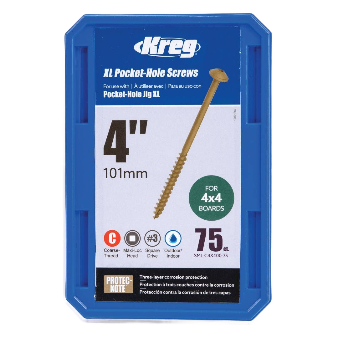 Compact blue case of 4-inch hardened steel pocket-hole screws for woodworking tool accessories and home improvement collections