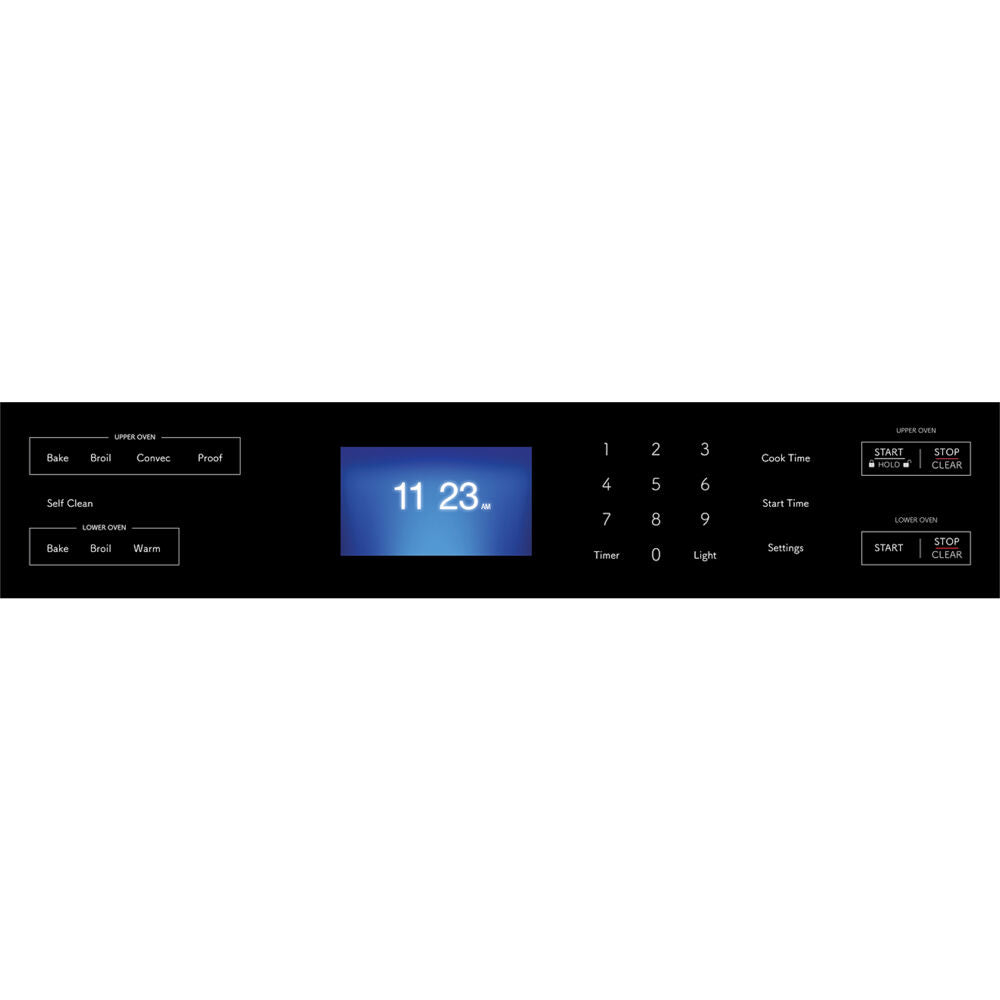 Control panel of a modern black double wall oven with digital display and touchpad buttons in kitchen appliances collection