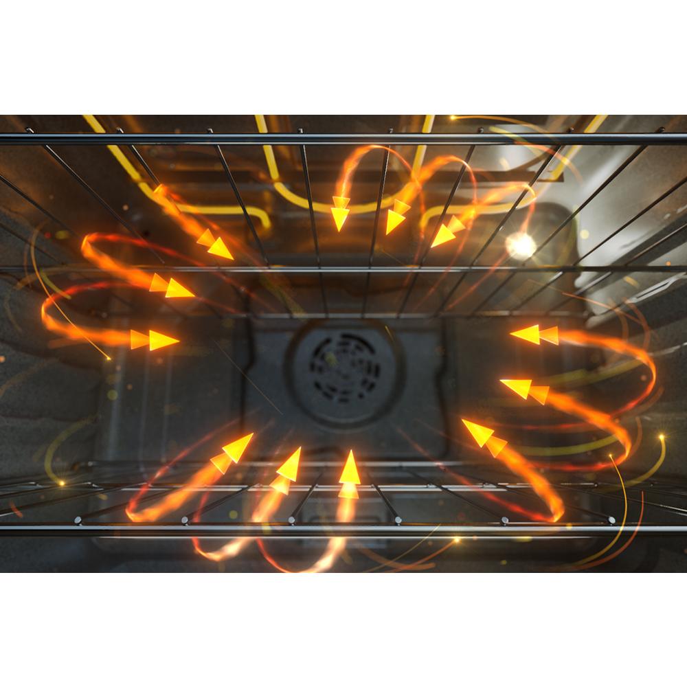 Top view inside electric oven with glowing arrows illustrating dynamic air cooking technology for even heat distribution