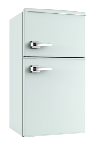Compact retro style refrigerator with freezer compartment and chrome handles in mini refrigerators collection