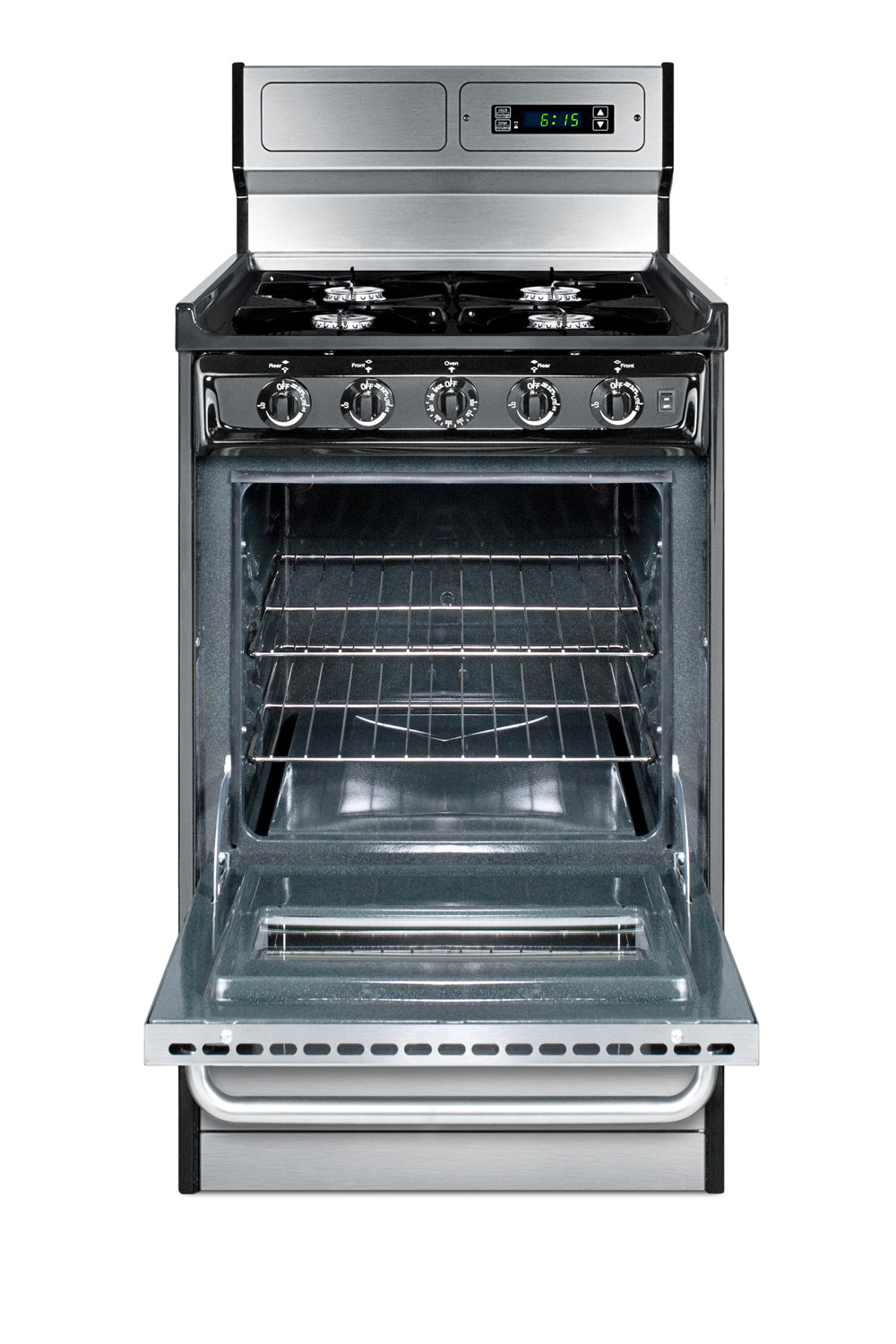 20-inch wide gas range with open burners and digital display, open oven door showing two wire racks in ranges collection