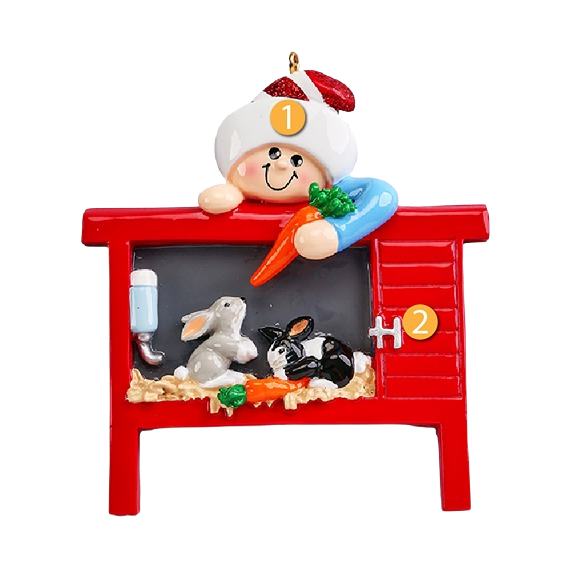 Whimsical Christmas ornament with smiling figure feeding two rabbits inside a red cage from tree decorations collection