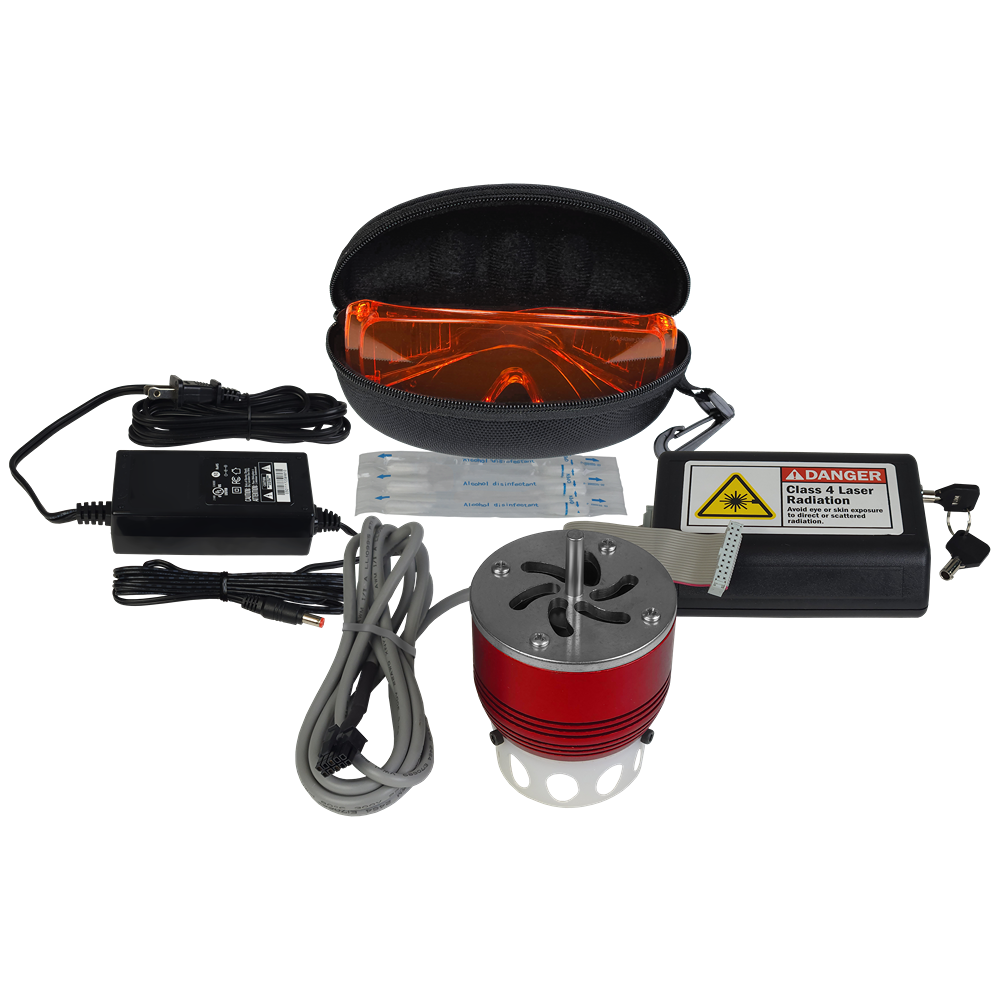 Protective orange safety glasses with solid state laser module, power adapter, cables, and accessories for tools and home improvement use