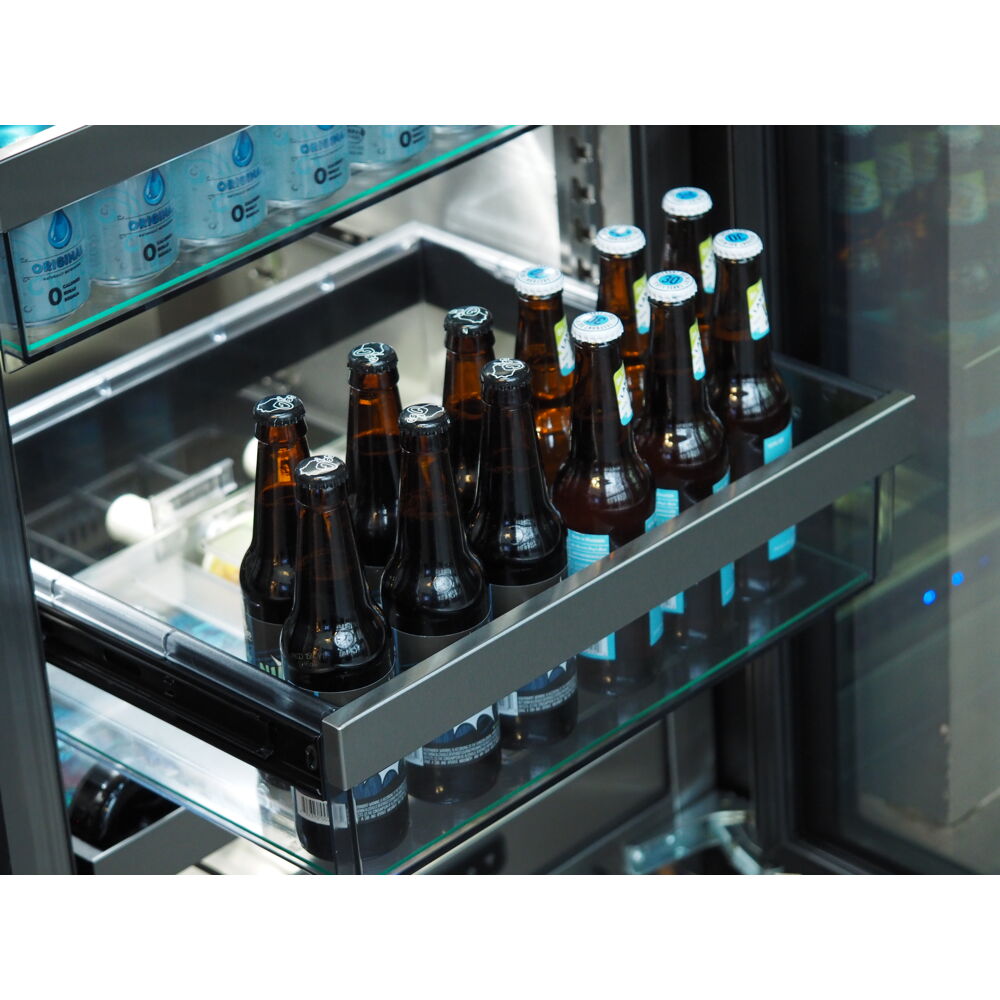Open drawer in stainless steel 18 inch refrigerator showing organized bottled beverages in Appliances and Kitchen & Kitchenware collections