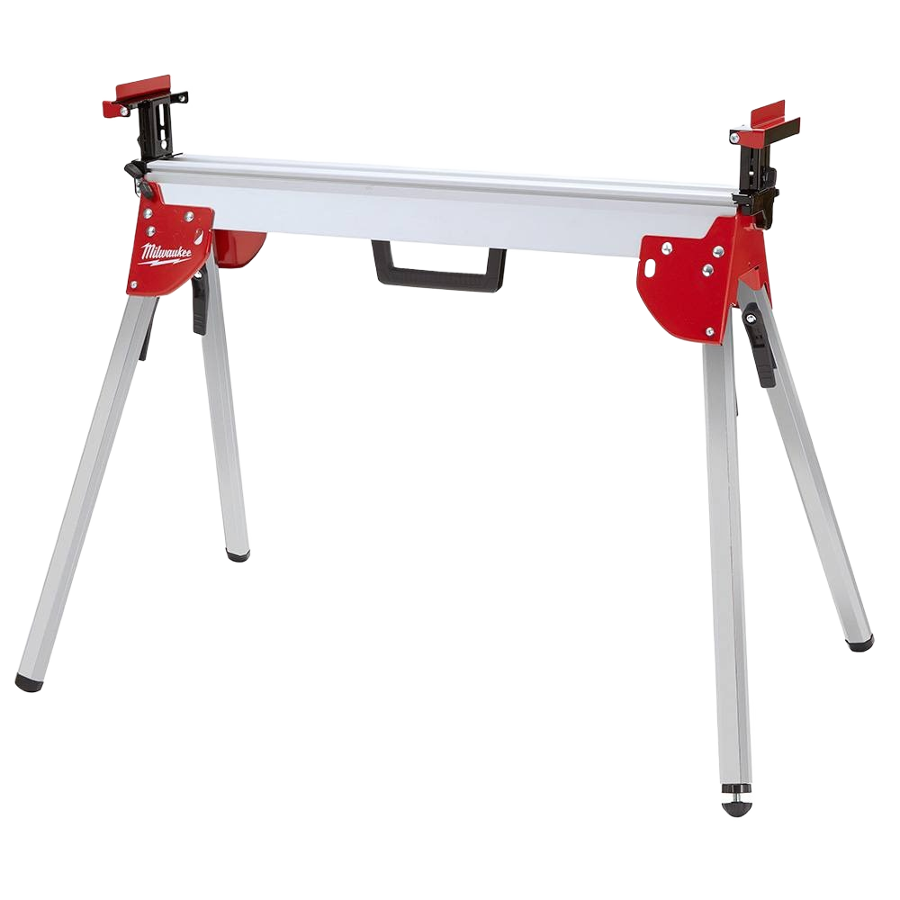 Foldable miter saw stand with aluminum and red steel supports for stable tool positioning in home improvement projects