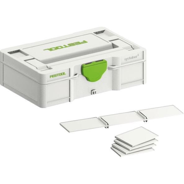 Compact Festool Systainer storage box in white with green latch and removable internal dividers for tool organization