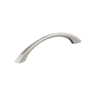 Satin nickel curved cabinet pull with 5-1/16 inch center-to-center spacing for furniture and hardware upgrades