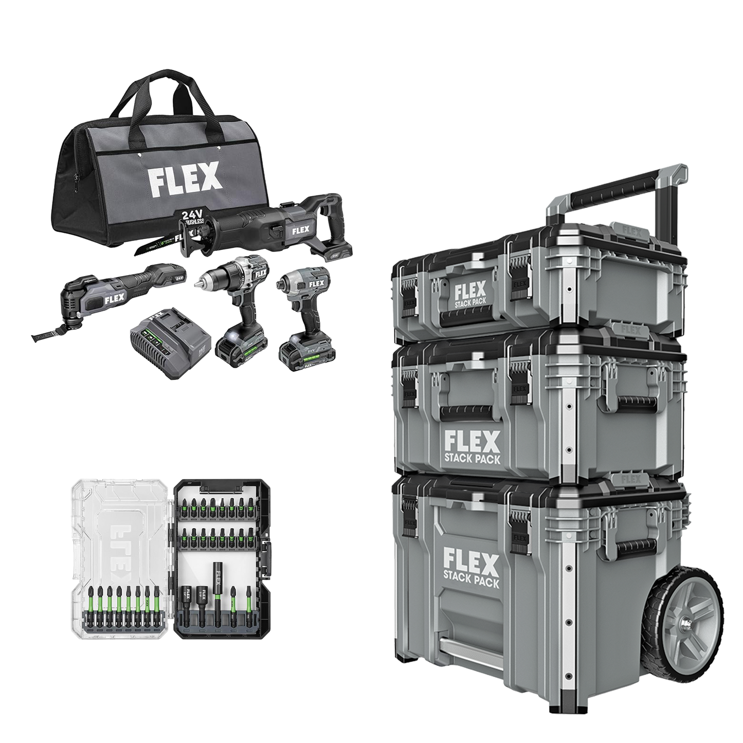 FLEX 24V 4-Tool Combo Kit + 29-Pc. Bit Set and Stack Pack™ 3-Pc. Storage System