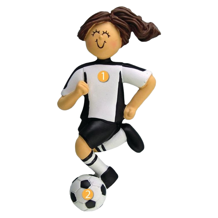 Personalized brunette female ornament in black and white soccer uniform kicking a classic soccer ball for Christmas decor