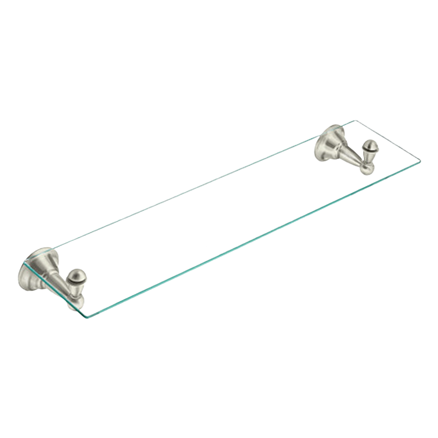 Glass vanity shelf with brushed nickel hardware designed for bathroom home improvement use