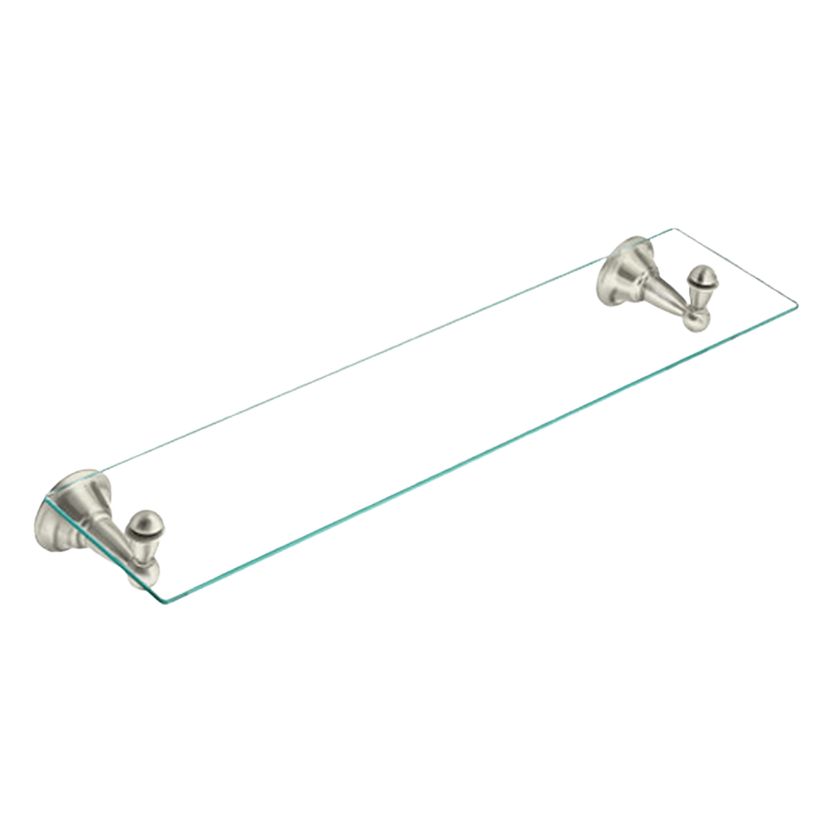 Glass vanity shelf with brushed nickel hardware designed for bathroom home improvement use
