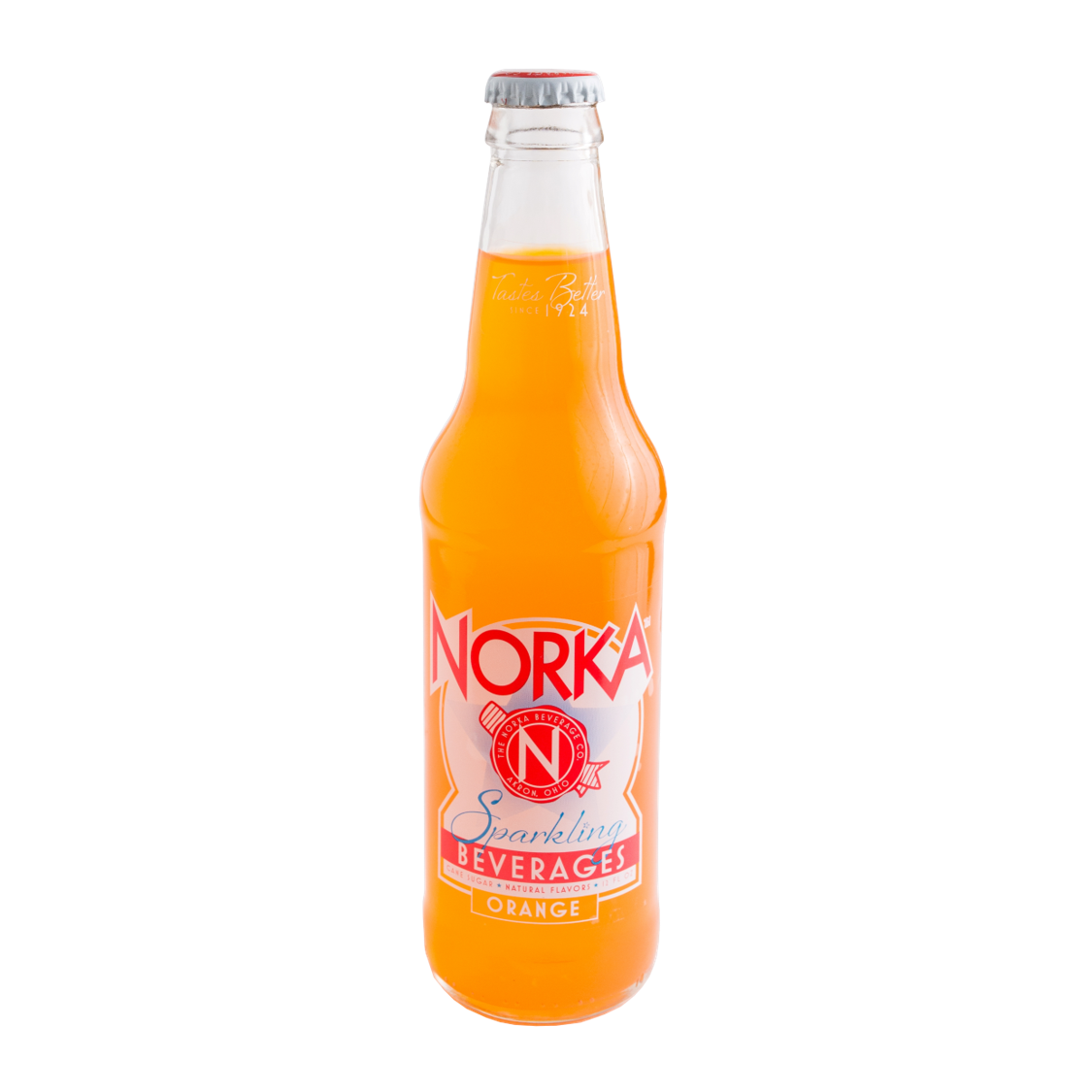 Clear glass bottle of bright orange sparkling soda with red and white NORKA label and silver cap