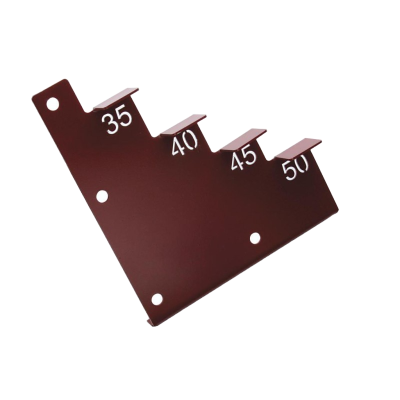 Dark red metal jig with angled notches labeled 35, 40, 45, and 50 for precise tool positioning in woodworking tasks