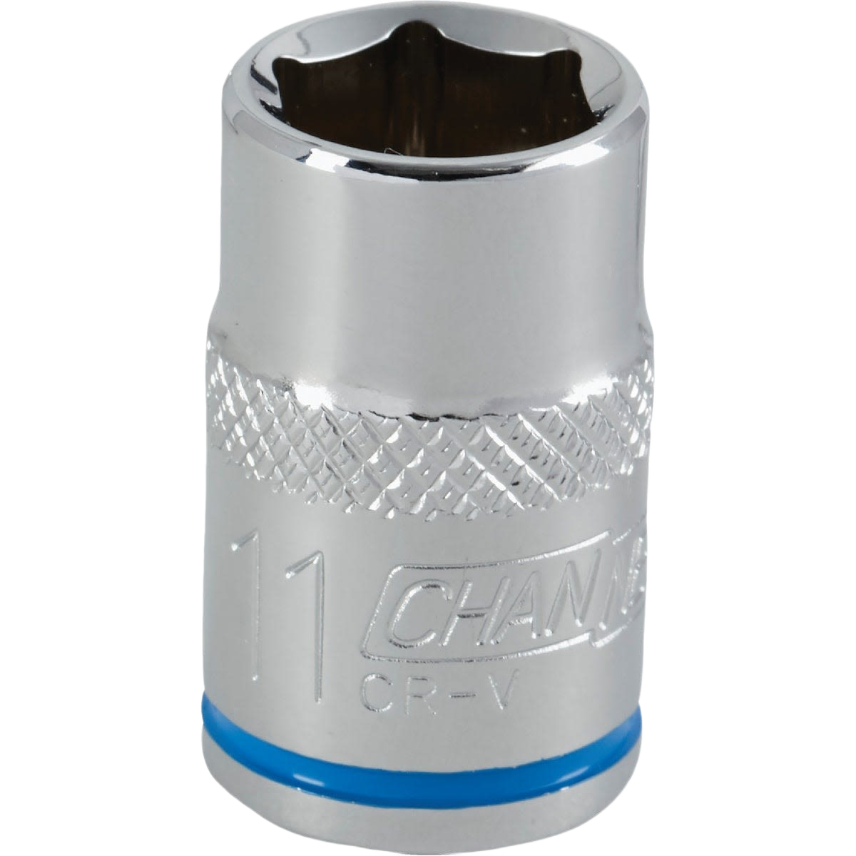 Chrome-plated 11mm shallow 6-point metric socket with knurled grip for home improvement and tool use