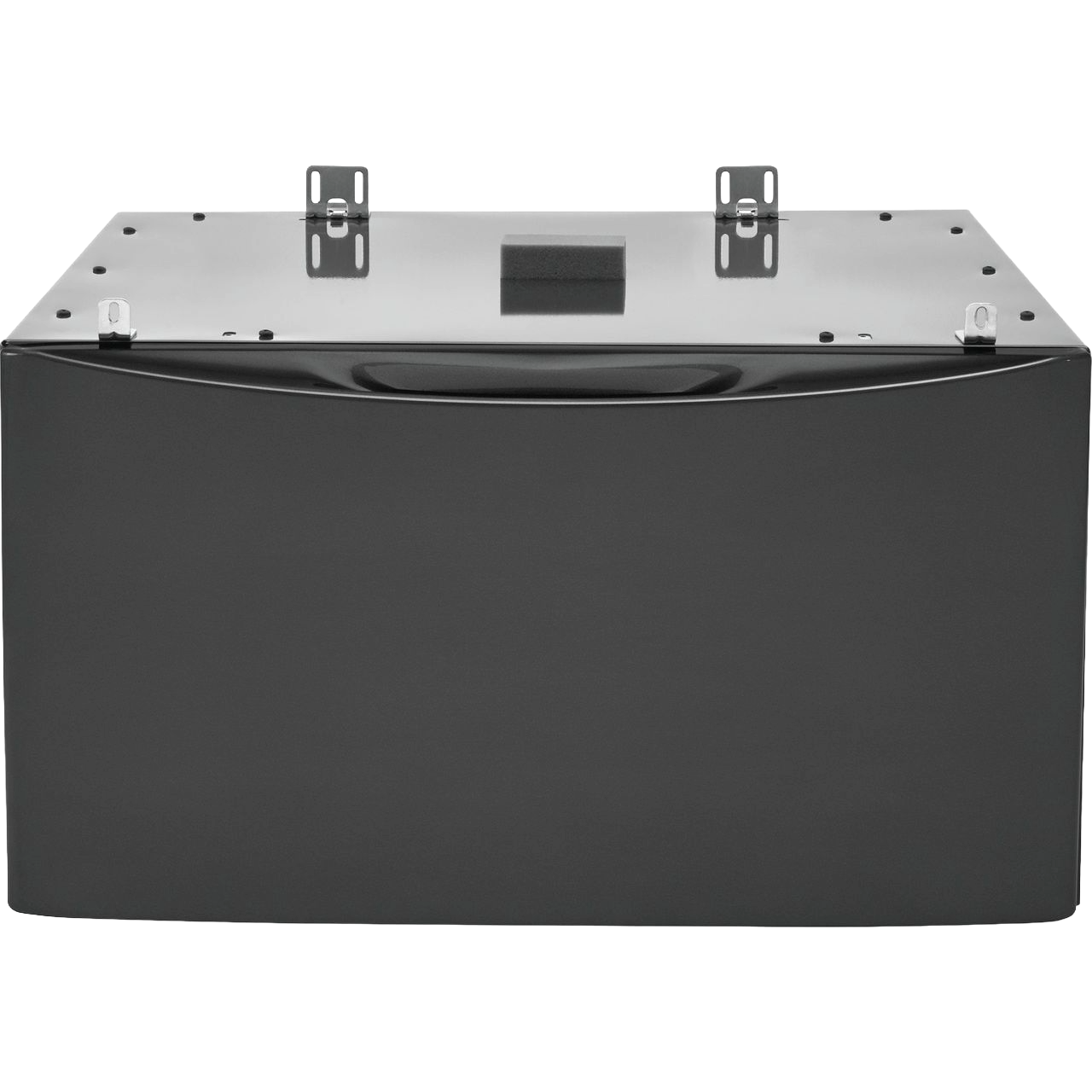 Black laundry pedestal storage drawer accessory for organizing laundry supplies and cleaning products at home