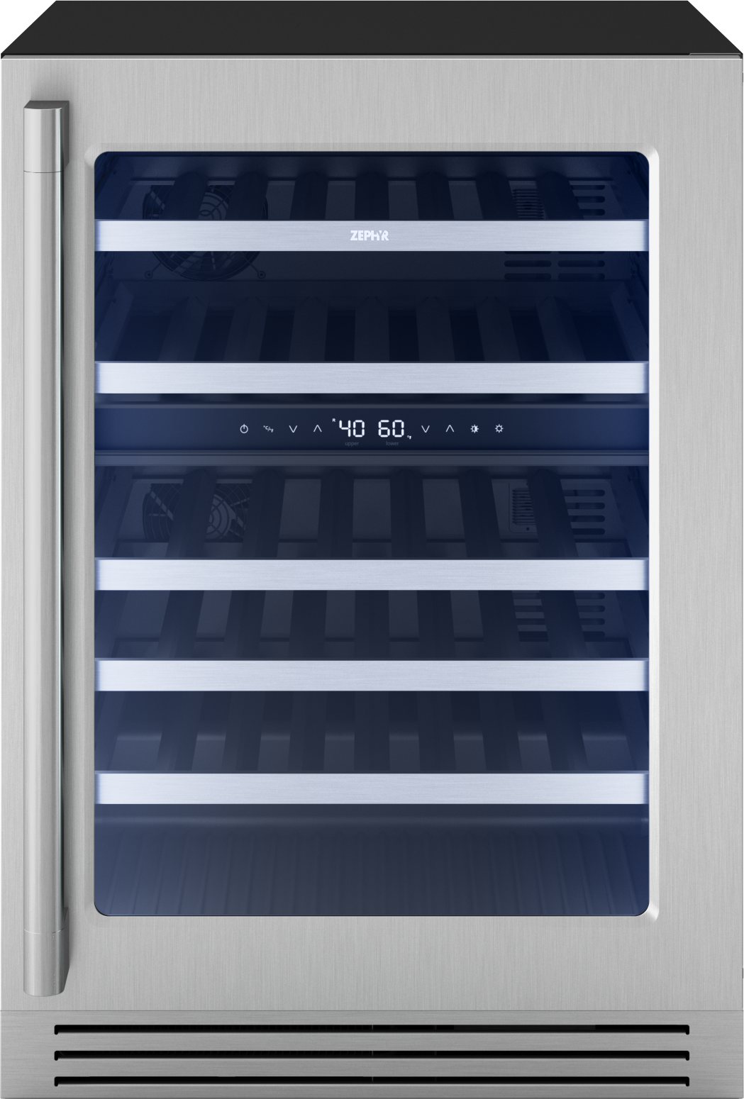 24-inch stainless steel wine cooler with glass door, wooden shelves, digital temperature control in kitchen appliances collection