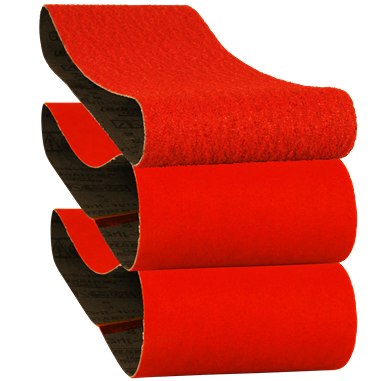 Set of red zirconium sanding belts in 50, 80, and 120 grit for woodworking tool accessories and home improvement tasks
