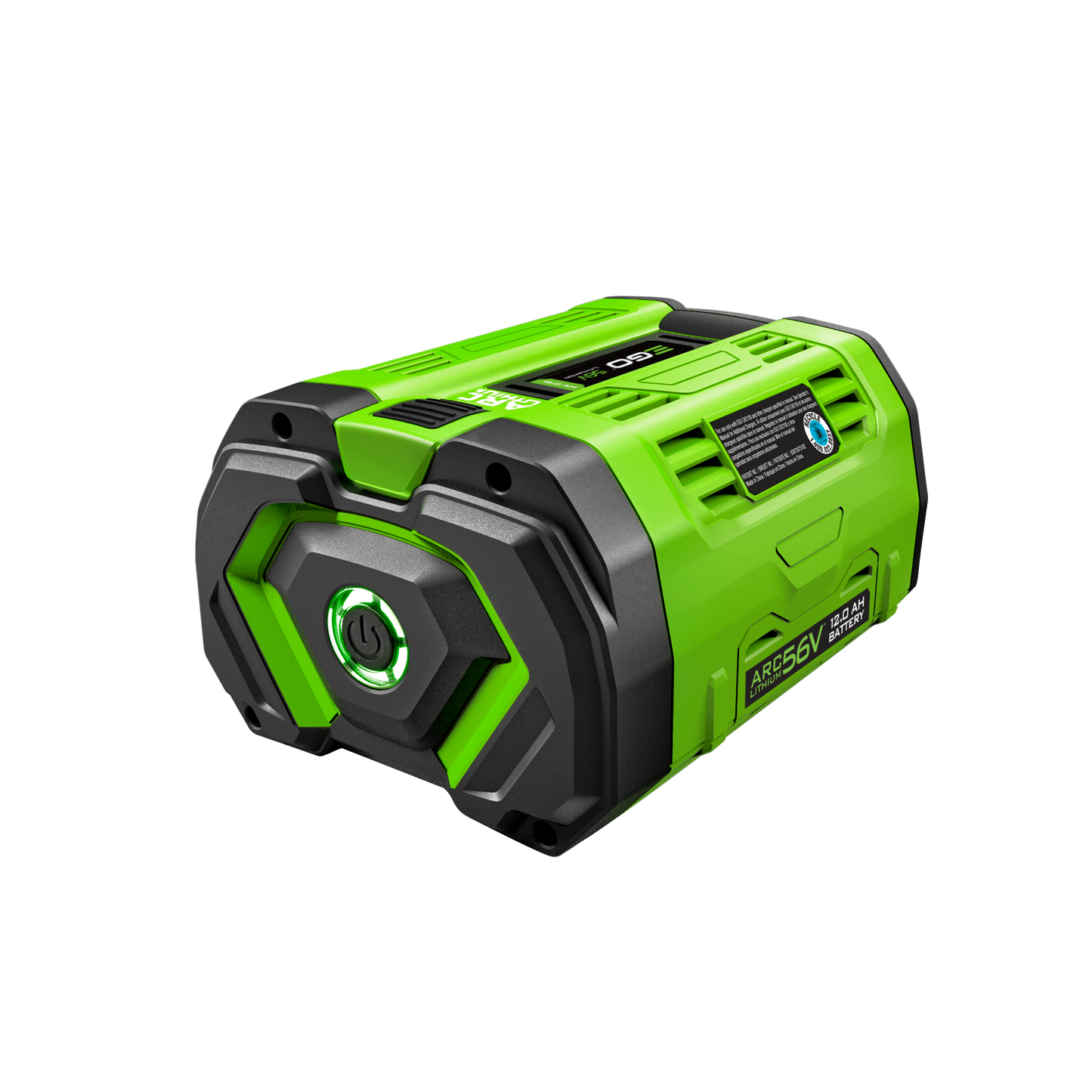 Green and black 12.0Ah rechargeable battery with power button and cooling vents for portable power tool accessories