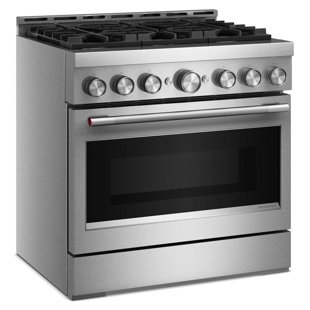 Stainless steel 36-inch 6-burner commercial-style gas range with large oven window and brushed metal control knobs, part of Ranges and Kitchen & Kitchenware collections.