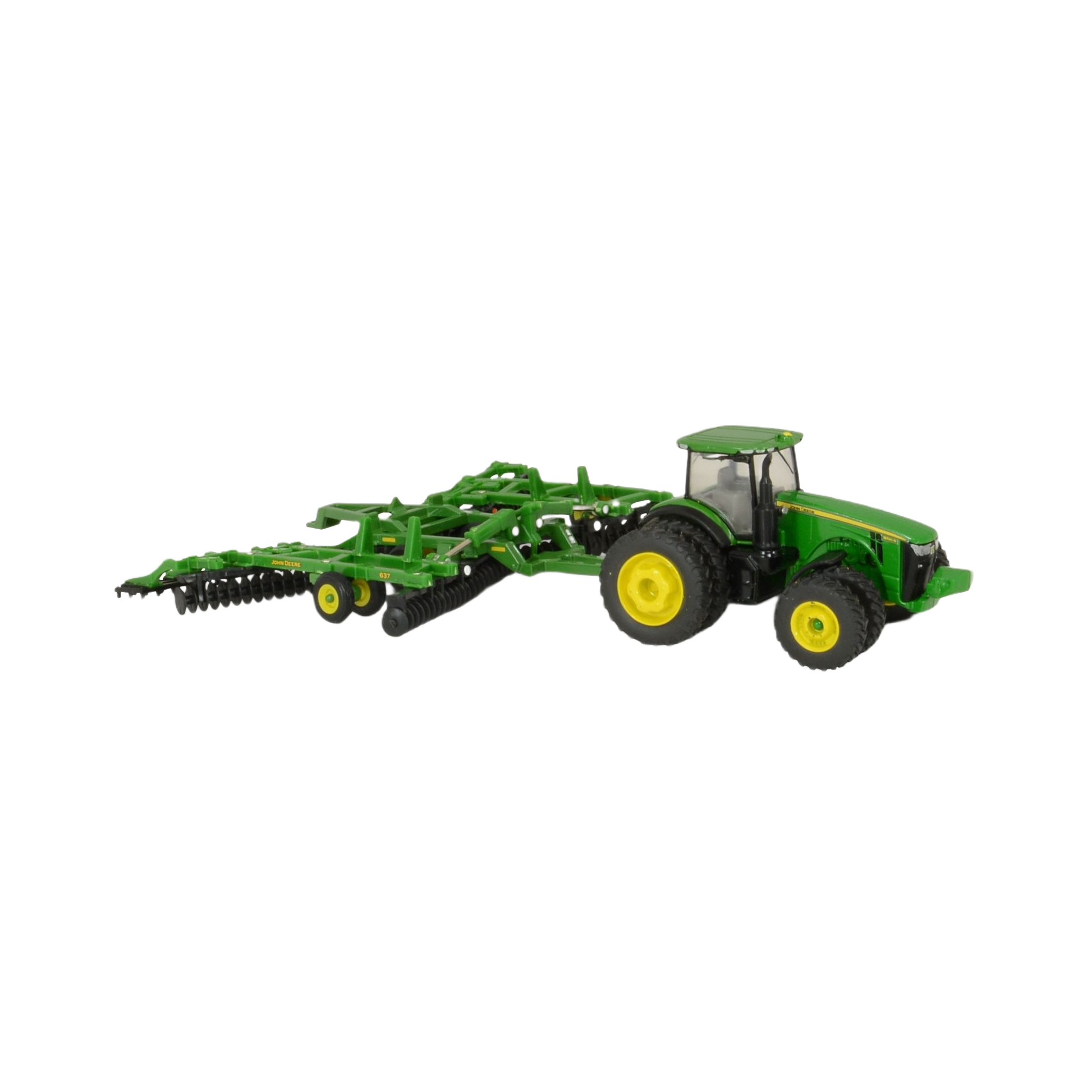 Green and yellow 1:64 scale model tractor with attached disk implement for collectible and display purposes
