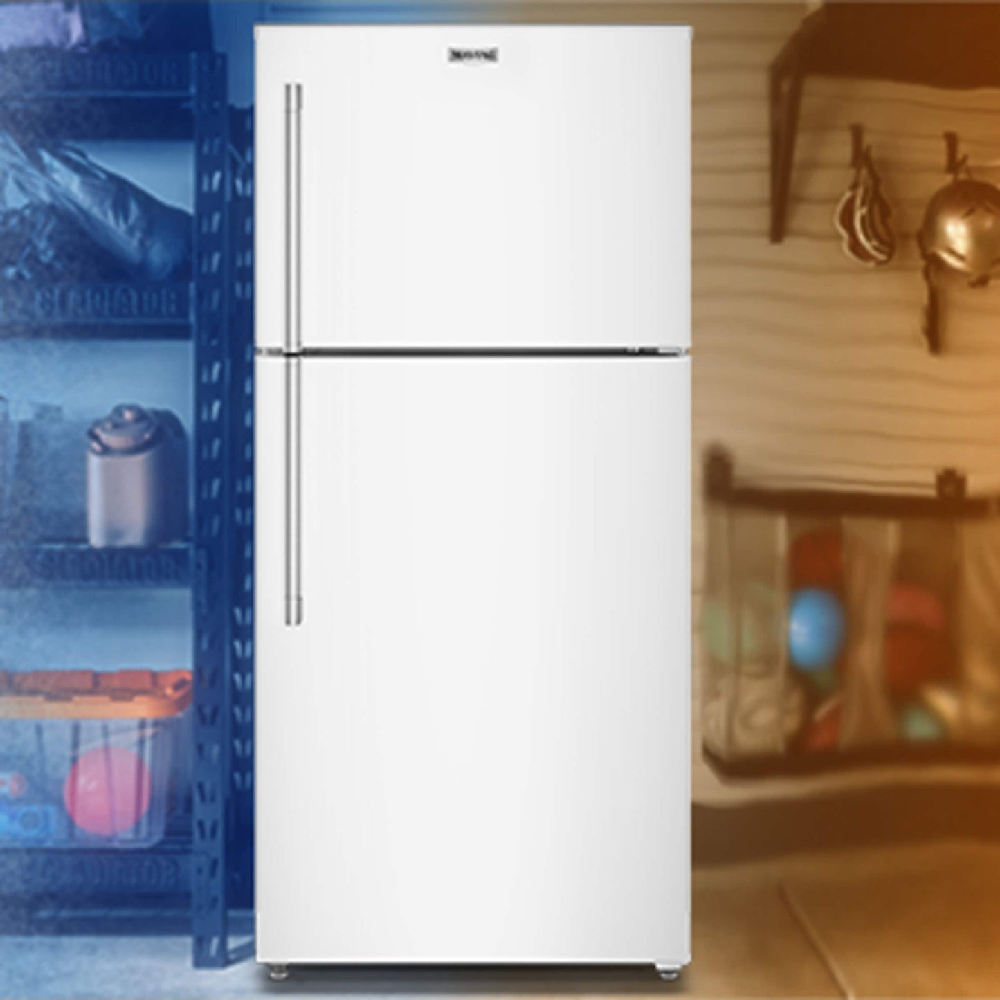 White wide top-freezer refrigerator with vertical stainless handles in a home kitchen and garage setting