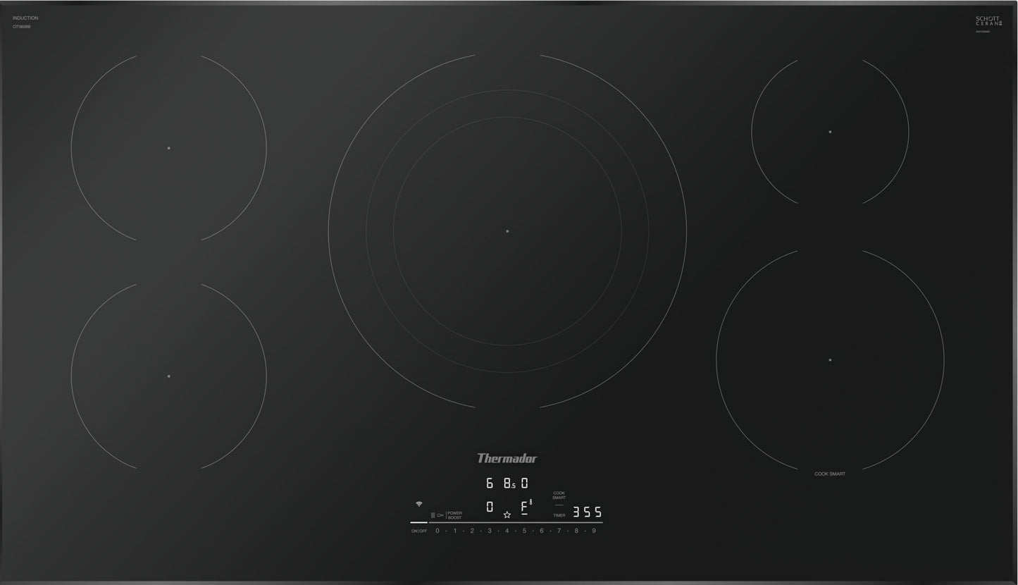 Sleek black 36-inch induction cooktop with digital touch controls and five cooking zones from Thermador Appliances collection