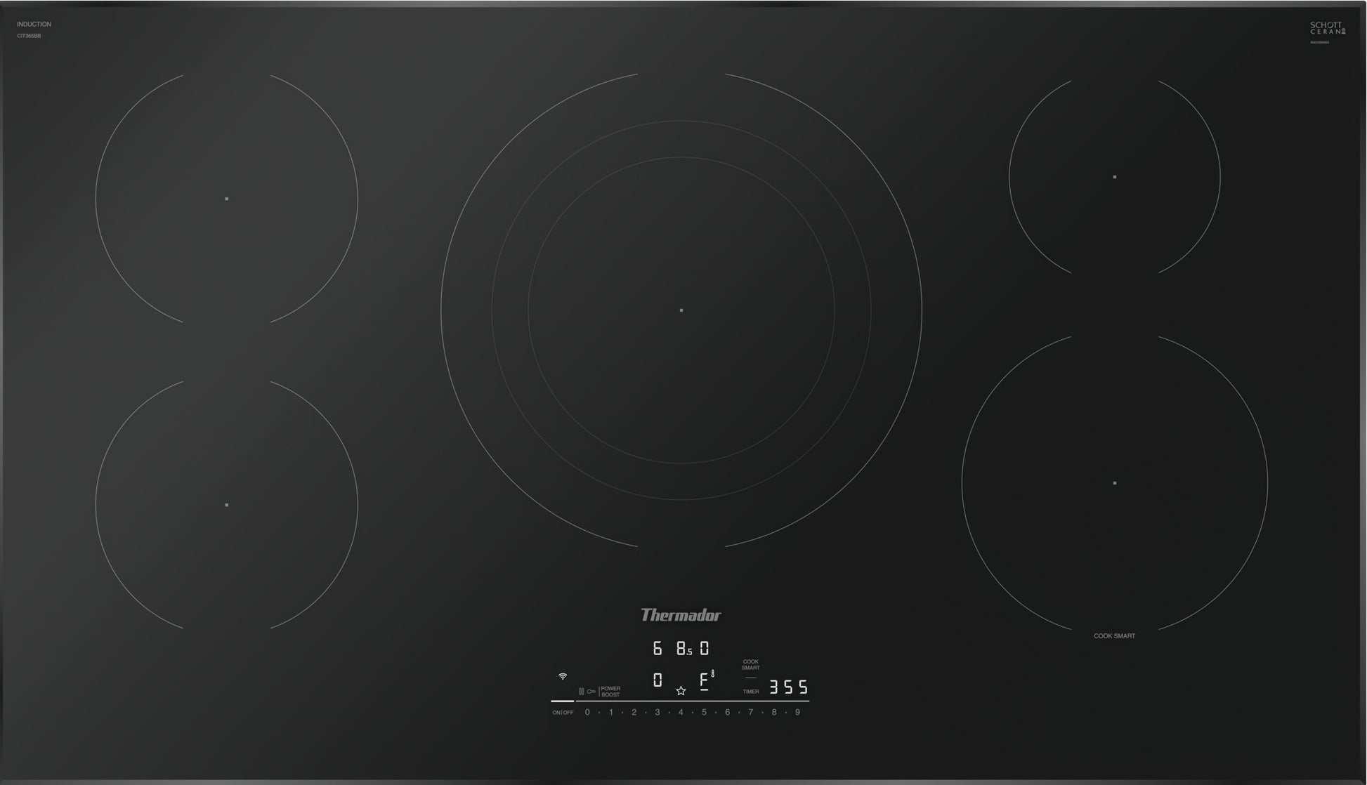 Sleek black 36-inch induction cooktop with digital touch controls and five cooking zones from Thermador Appliances collection